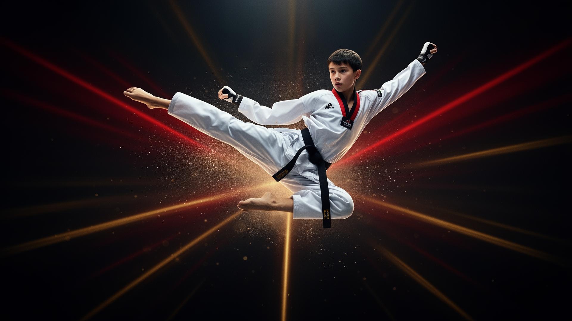 Atleta de Taekwondo executando chute aéreo